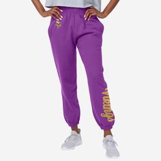 Minnesota Vikings Womens Script Wordmark Team Color Sweatpants FOCO S - FOCO.com Sporty Purple Cotton Sweatpants, Collegiate Style Sports Bottoms With Letter Print, Purple Relaxed Fit Sporty Sweatpants, Purple Bottoms With Letter Print For Streetwear, Purple Letter Print Bottoms For Streetwear, Sporty Purple Cotton Joggers, Purple Cotton Athleisure Pants, Cotton Athleisure Pants For Sports Events, Team-colored Casual Bottoms For Sports Events