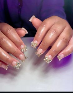 Short French Tip Nails With Charms, Short Gold Nails, Polygel Nails Design