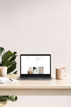 an open laptop computer sitting on top of a wooden desk next to a potted plant