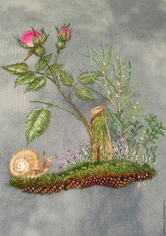 a painting of a snail and flowers on a patch of grass with leaves, weeds, and other plants