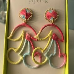 New In Box Piper * K Colorful Cherry Cloth Drop Post Earrings Designed Jewelry Collection Pops With Life, Color, And All Of The Fanciful Things Life Has To Offer Enjoy The Piper * K Unique Earrings Gold Tone Cherry Shape Pink/Yellow/Blue Rainbow Colors Great For Valentine's Day Great Gift In Beautiful Box Approx. 3" Long & 1.75" Wide From A Smoke/Pet Free Environment Colorful Earrings As Spring Gift, Colorful Spring Earrings For Gift, Colorful Spring Earrings For Gifts, Colorful Spring Earrings As Gift, Colorful Spring Gift Earrings, Colorful Party Earrings For Spring, Colorful Spring Party Earrings, Fun Multicolor Spring Jewelry, Vibrant Multicolor Spring Earrings