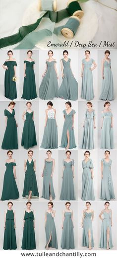 Shades of green for 2021 wedding color ideas with mismatched bridesmaid dresses in mist, deep sea, emerald Green Bridesmaid Dress With Sweep Train, Spring Bridesmaid Evening Dress With Sweep Train, Flowy Bridesmaid Dress For Wedding, Flowy Solid Color Prom Dress, Flowy Bridesmaid Dress For Wedding And Prom Season, Flowy Tulle Bridesmaid Dress, Green Bridesmaid Dresses Emerald, Mismatched Green Bridesmaid Dresses, Fall Wedding Color Ideas