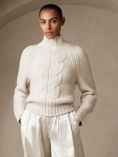 Arran Cable Sweater | Banana Republic Mock Neck Cable Knit Sweater, Luxury Winter Knitting Pattern For Women, White Funnel Neck Sweater, Cable Knit Sweater Winter, Luxury Turtleneck Sweater, Luxury Wool Dress Pants With Straight Hem, Luxury Cable Knit Sweater Coat For Fall, Cheap Winter White Tops For Winter, Luxury Women's Sweater For Cold Weather