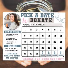 a person holding up a pick a date to donation card