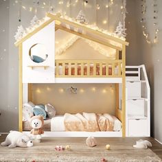 a child's bedroom with a bunk bed and lights