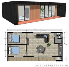 the floor plan for a small cabin with two levels