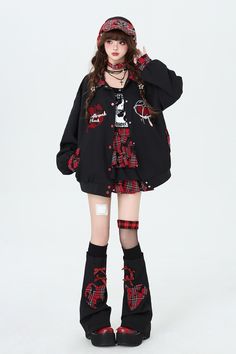 ❤︎Plaid Embroidered Baseball Jacket❤︎ Black Harajuku Style Cotton Outerwear, Black Cotton Harajuku Outerwear, Oversized Harajuku Outerwear For Fall, Harajuku Style Black Spring Outerwear, Black Harajuku Style Outerwear For Spring, Edgy Patchwork Outerwear For Fall, Oversized Embroidered Outerwear For Fall, Casual Long Sleeve Outerwear With Patches, Edgy Spring Patchwork Outerwear