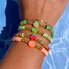 Super cute package of 4 stretchy fruit bracelets Fruit Bracelets, Summer Widgets, Bracelets Heishi, Clay Beads Bracelet, Bracelet Clay, Fruit Bracelet, Bracelet Stuff, Clay Bracelets, Heishi Bracelet