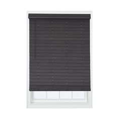 a dark brown window blind with horizontal blinds on the top and bottom, in front of a white wall