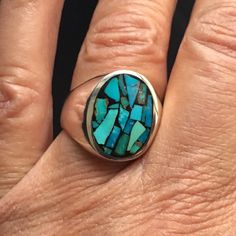 Please note that each ring is unique, one of a kind. The ring pictured is a sold example. Any ring purchased from this listing will have a similar look and feel and is returnable. Each ring is inlaid by hand using finest gem quality natural, undyed, untreated, blue to blue-green turquoise. This is very rare Nevada turquoise that is no longer mined or available that has been in my personal collection for almost 40 years. Each select piece of turquoise is carefully set in a hard and durable resin Artisan Multi-stone Turquoise Ring, Southwestern Oval Turquoise Multi-stone Ring, Southwestern Multi-stone Oval Turquoise Ring, Elegant Turquoise Inlay Rings, Oval Turquoise Multi-stone Ring, Turquoise Multi-stone Gemstones, Turquoise Multi-stone Round Gemstones, Blue Turquoise Ring With Inlay, Turquoise Multi-stone Round Jewelry