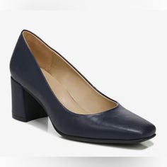 A Classic Pump With A Square Toe And Block Heels To Add A Modern Style To A Traditional Pump. These Shoes Have A 2 1/2” Block Heel. These Shoes Are Faux Leather With A Contour Plus Tech Footbed. Only Sign Of Wear Is A Slight Indent In Heel As Shown In Picture But Is Not Noticeable When Worn. Classic Blue Heels Medium Width, Classic Blue Low Heel Heels, Classic Blue Medium Width Heels, Classic Blue Heels For Work, Classic Blue Heels For The Office, Blue Medium Width Heels For Office, Blue Almond Toe Heels For Work, Blue Court Shoes With Padded Heel For Work, Classic Blue Round Toe Heels