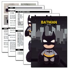 the batman crochet pattern is shown in three different sizes and colors, along with instructions for how to make it