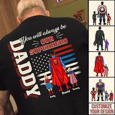 the back of a man's black shirt with red, white and blue supermans on it