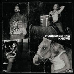 the album cover for house keeping knows is shown in black and white, with an image of two people sitting on top of a horse