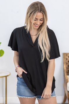 Product Details Colors: Black Print: Solid Neckline: V-Neck Sleeves: Short Sleeves Hemline: Straight Brand: Heimish Material and Care 95% Polyester 5% Spandex Hand Wash Cold Size and Fit Small: Bust 38" Waist 36" Length 28" Medium: Bust 40" Waist 38" Length 28.5" Large: Bust 42" Waist 40" Length 29" Photo model is 5'7 and wearing a size small Video model is 5’7 and wearing size small Black Split Neck Top For Spring, Black Split Neck Top For Workwear, Black V-neck Loungewear Top, Black Stretch V-neck Top With Short Sleeves, Collar Neck, Photo Model, Large Bust, Mandarin Collar, Small Bust