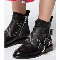 Edgy, Modern, Ultra Cool. Zadig & Voltaire Women’s Black Leather Ankle Boots, Iconic Style, Metal Inside Zip, Decorative Tab Embellished With Studs On The Front, Thick Leather Sole. 73% Goatskin 27% Cow Leather Size 40 (Eu); 10 (Us) Heel Height: 2.5 Cm (Approx 1") Subtle, Two-Tone Adjustable Buckles (Gold And Silver) Side Zip For Easy On/Off Signature Silver Metal Wings Logo On Heel Brand New With Original Z&V Box, Receipt, And Dust Bag Low Heel Booties, Metal Wings, Studded Ankle Boots, Genuine Leather Boots, Buckle Ankle Boots, Wings Logo, Studded Boots, Black Leather Ankle Boots, Iconic Style