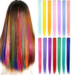 PRICES MAY VARY. 1.Straight Clip-in/ Clip-on Hair Extension, 1 Piece with 1 Clip Attached; 2.Material: 100% Japanese Quality Synthetic Heat-Resisting Fiber; can be restyled, can be washed for secondary use as well. 3.Length: Approx 21 Inches/55cm; Width: Approx 1.2 Inches/3cm; Quantity: 14 Pieces; Color: Yellow,Orange,Pink,Red,Teal,Green,Purple,Blue,Smoke pink,Light green,Violet,Blue purple,Light purple,Light pink. (May Vary by Monitor); 4.★ Comb clip: hold strong, hidden perfectly; ★ Double wef Rainbow Hair Extensions, Seamless Hair Extensions, Colored Hair Extensions, Multi Colored Hair, Hair Extension Clips, Straight Hair Extensions, Multicolored Hair, Synthetic Hair Extensions, Colorful Hair