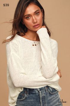 It's nothing but good vibes in the Lulus Positive Affirmations Ivory Loose Knit Sweater! This sweet sweater is shaped from stretchy knit and features a boat neckline, drop shoulders, and long sleeves (with ribbed knit cuffs). Slightly oversized bodice boasts contrasting, loose knit panels down the sides and ends in a ribbed knit-trimmed hem. Fit: This garment fits true to size. Length: Size medium measures 23.5" from shoulder to hem. Bust: Great for any cup size. Waist: Not Fitted - comfortable Loose Knit Sweater, Loose Knit Sweaters, Loose Knit, Boat Neckline, Knit Cuff, Positive Affirmations, Good Vibes, Knit Sweater, Ribbed Knit