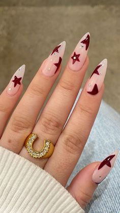 Dark Red And White Nails, Red Star Nails, Dark Red Nails, Wine Nails, Christmas Gel, Maroon Nails, Nagel Tips, Christmas Gel Nails