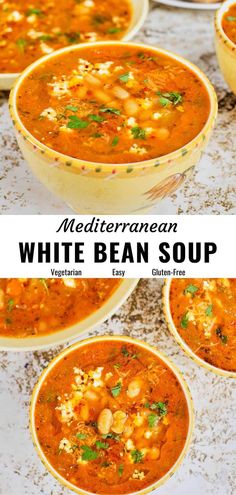 white bean soup in bowls with the title text overlay reads mediterraneanan white bean soup