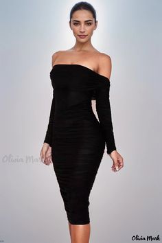 Olivia Mark - Seductive and Sophisticated Long Sleeve Pleated Mesh Party Dress for Cocktail Events Elegant Long Sleeve Midi Dress For Club, Elegant Backless Midi Dress For Club, Elegant Midi Length Club Dress, Stretch Long Sleeve Midi Dress For Party, Bodycon Dress For Date Night Evening, Chic Off-shoulder Fitted Bodycon Dress, Fitted Bodycon Dress For Date Night Evening, Off-shoulder Ruched Bodycon Dress For Party, Fitted Off-shoulder Dress For Gala