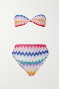 Missoni Mare's bikini is crochet-knitted with colorful metallic yarns that sparkle as they catch the sunlight. Patterned in the brand's signature chevron stripes, it features a twisted bandeau top with adjustable tie fastenings at the back and full-coverage briefs with high-cut legs. Metallic Crochet, Missoni Mare, Metallic Yarn, November 8, Knit Tie, Chevron Stripe, Bandeau Top, High Cut, Missoni