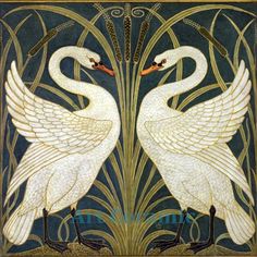 two white swans standing next to each other in front of a blue background with gold accents