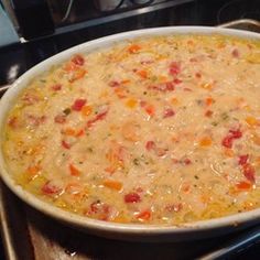 a casserole dish sitting on top of an oven