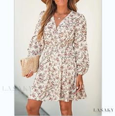 Lasaky - Floral Print Loose Fit V-Neck Long Sleeve Dress Casual Beige V-neck Floral Dress, Beige V-neck Floral Dress For Brunch, Casual Long Sleeve V-neck Dress With Floral Print, Casual Floral V-neck Dress For Day Out, Irregular Skirt, Basic Skirt, Plants And Flowers, Skirt Skirt, Short Skirt