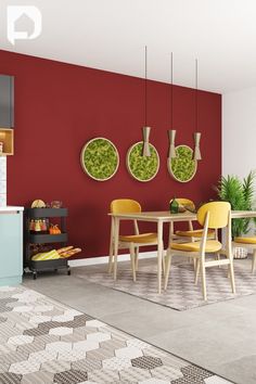 a dining room with red walls and yellow chairs