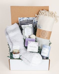 Send comfort with our 'Get Well Care Package.' It's a thoughtful bundle to bring comfort and aid in a speedy recovery. Includes a blanket, tea, honey, socks, shower steamers, lavender soap bar, and your message on a handwritten note. Get Well Care Package, Lavender Soap Bar, Botanical Bath, Speedy Recovery, Scented Lotion, Blanket Cozy, Peppermint Tea, Lavender Soap, Shower Steamers