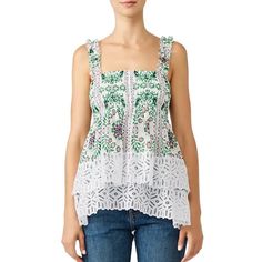 Tory Burch Garden Party Georgette Top Sleeveless Size 8 Nwt Fitted Lace Trim Top For Garden Party, Sleeveless Floral Print Top For Garden Party, Sleeveless Tops For Summer Garden Party, Sleeveless Floral Tops For Garden Party, White Floral Print Tank Top For Brunch, White Sleeveless Tank Top For Brunch, Feminine White Top For Garden Party, White Cotton Tops For Garden Party, Fitted Sleeveless Top For Garden Party