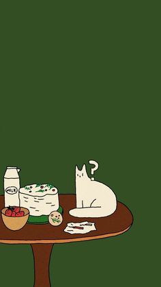 a cartoon cat sitting on top of a table next to a bowl of fruit and milk