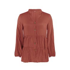 Rust Red Button Pleated Long Sleeve Blouse Red V-neck Blouse With Buttons, Red Button Closure Blouse For Fall, Fall Red Blouse With Button Closure, Red Blouse With Button Closure For Fall, Red Long Sleeve Blouse With Buttons, Red Button, Green Button, Women Tops, Army Green