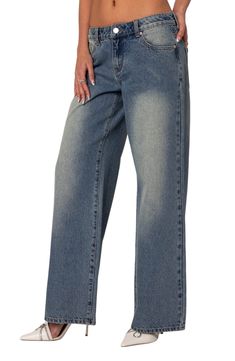 These Y2K-inspired nonstretch jeans sit low on the waist and flare into floor-sweeping wide legs, creating a trendy look that can be styled up or down. Zip fly with button closure Five-pocket style 100% cotton Machine wash, dry flat Imported Baggy Wide Leg Flare Jeans With Frayed Hem, Washed Blue Distressed Wide Leg Flare Jeans, Distressed Washed Blue Wide Leg Flare Jeans, Swimsuit Cover Up Dress, Wedding Sneakers, Acid Wash Jeans, Garden Party Dress, Cover Up Dress, Low Rise