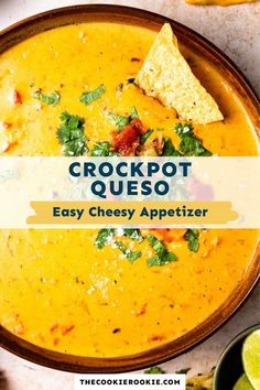 a bowl of crockpot queso with tortilla chips on the side