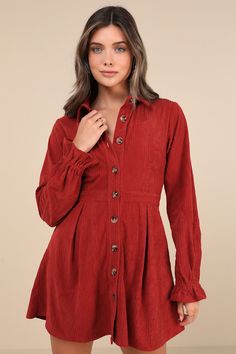 You'll definitely be in the spirit to sip a PSL when you slip into the Lulus Autumn Mood Rust Red Corduroy Mini Dress With Pockets! Soft corduroy shapes this must-have fall dress that features a collared neckline, a fitted bodice, and long sleeves with elasticized flared cuffs. A functional button placket that starts at the bodice continues through the banded waist (with elastic at back for fit) and down the skater-style skirt that boasts pleated detailing, side seam pockets, and a cute mini hem