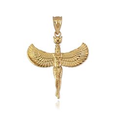 Gold Isis Egyptian Winged Goddess of Motherhood Pendant Necklace. Available as pendant or necklace. Metal options: 10k, 14k, yellow, white, rose gold, 2-tone (yellow/white, rose/white). Pendant weight: ≈1.6 g. (10k), ≈1.9 g. (14k). Pendant height (w/ bail): 1.3" (34 mm) Pendant width : 1" (25.5 mm). Finish: polished. Bail opening: 3 mm. Chain length available: 16", 18", 20", 22". Chain type: 0.7 mm rolo. Chain weight: 1 g. Clasp: spring ring. Goddess Of Motherhood, Winged Goddess, Goddess Pendant, Necklace Chain Lengths, Diamond Cross Pendants, Solitaire Pendant, Cross Pendant Necklace, Rolo Chain, Diamond Pendant Necklace