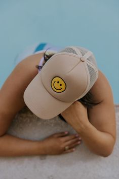 Smiley Face Hat - Summer Ball Caps for Women | ROOLEE Beige Summer Trucker Hat, Beige Trucker Hat For Summer, Trendy Adjustable Beige Trucker Hat, Casual Beige Trucker Hat For Summer, Beige Summer Trucker Hat With Curved Brim, Summer Beige Trucker Hat With Curved Brim, Beige Snapback Trucker Hat For Summer, Trendy Beige Trucker Hat, One Size Fits Most, Trendy Beige Trucker Hat One Size Fits Most