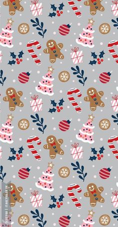 a gray background with gingerbreads and stars