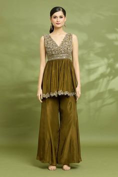 Olive brown padded peplum top with zardosi, mirror, zari, sequins, pearls and aari embroidery. Comes with bell bottom and a dupatta. - Aza Fashions V Neck Peplum Top, Aari Embroidery, Embroidered Tunic, Bell Bottom, Embroidered Silk, Set For Women, Aza Fashion, Bell Bottoms, Peplum Top