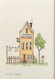 a drawing of a house with clothes hanging out to dry