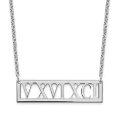 Keep your birthdate or your lucky number on display with this Roman numeral bar necklace. Made from rhodium plated sterling silver, this 18-inch cable chain necklace holds a bar that may be personalized with your choice of maximum 9 numbers in Times New Roman Bold font. Easy to use lobster clasp offers worry-free movement. Alternative Metal, Free Movement, Jared The Galleria Of Jewelry, Times New Roman, Cable Chain Necklace, Bold Fonts, Lucky Number, Loose Stones, Roman Numeral