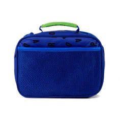 a blue case with green handles on the top and bottom side, sitting against a white background