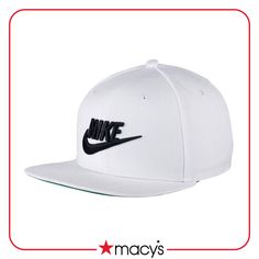 a white hat with black nike logo on the front and back side, which reads macy's