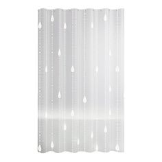 a white shower curtain with rain drops on it