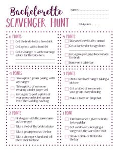 the bachelor scavenger hunt is shown in pink and white with polka dots on it