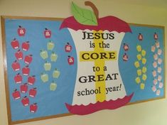 a bulletin board with the words jesus is the core to a great school year