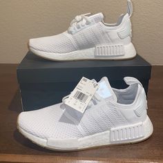 White Nmd‘s With The Peanut Butter Bottoms. Brand New!! No Defects, Never Worn White Running Shoes With Perforated Toe Box For Streetwear, White Custom Sneakers With Perforations For Running, Adidas White Leather Running Shoes, Custom White Sneakers With Perforations For Running, Custom White Running Sneakers With Perforations, Classic White Custom Sneakers With Cushioned Footbed, Custom White Sneakers With Perforated Toe Box, Adidas Custom White Sneakers With Boost Midsole, Adidas White Custom Sneakers With Laces