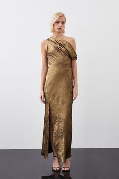 Premium Metallic Ruched One Shoulder Woven Maxi Dress | Karen Millen Latest Maxi Dresses, Gold Bridesmaid Dresses, Maxi Dress Collection, Bride Outfits, Fall Wedding Guest Dress, Mother Of The Bride Outfit, Mob Dresses, Bandeau Dress, Dress Gold